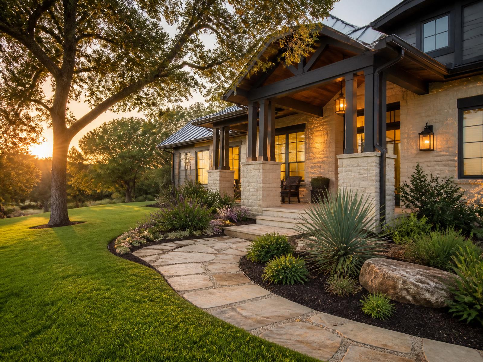 A pristine landscaped front yard with stone pathway and lush greenery